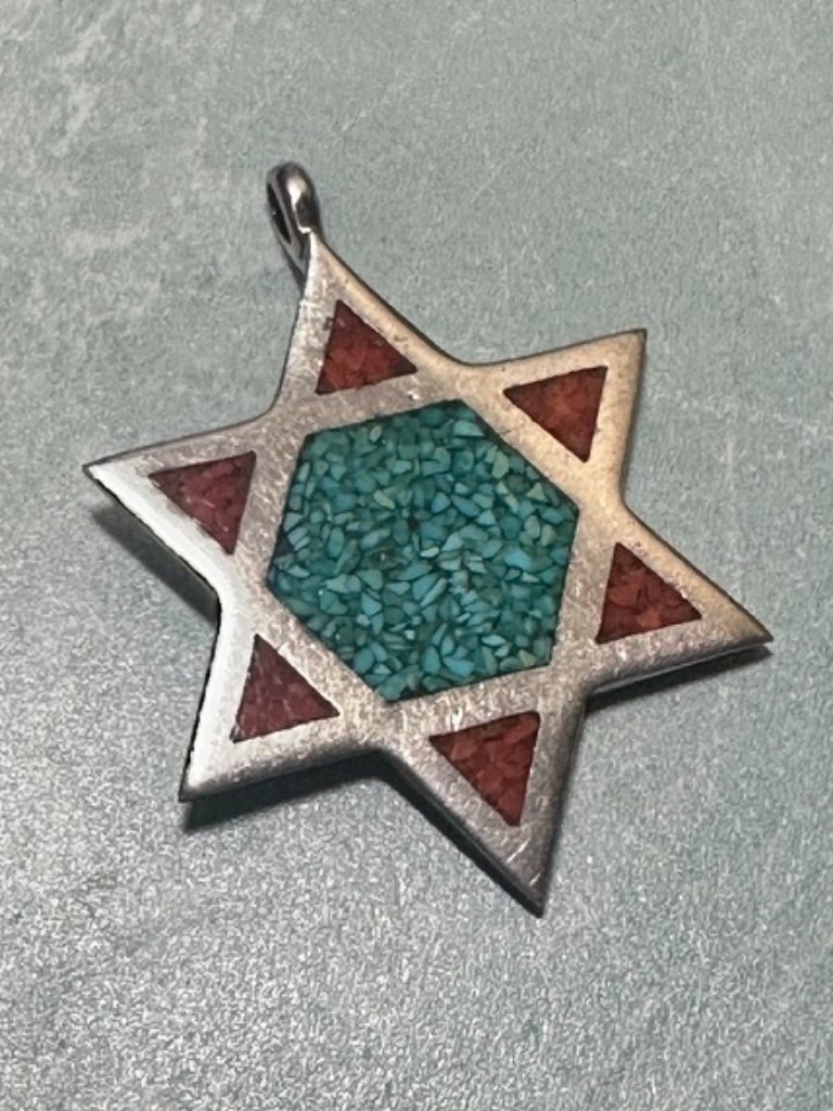 Vintage Sterling Silver Star Of David Pendant Featuring Turquoise & Coral Inlay